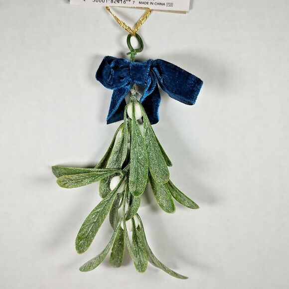 Holiday Style Mistletoe Christmas Ornament Blue Velvet Red Burgundy Bows Glitter - Picture 4 of 13